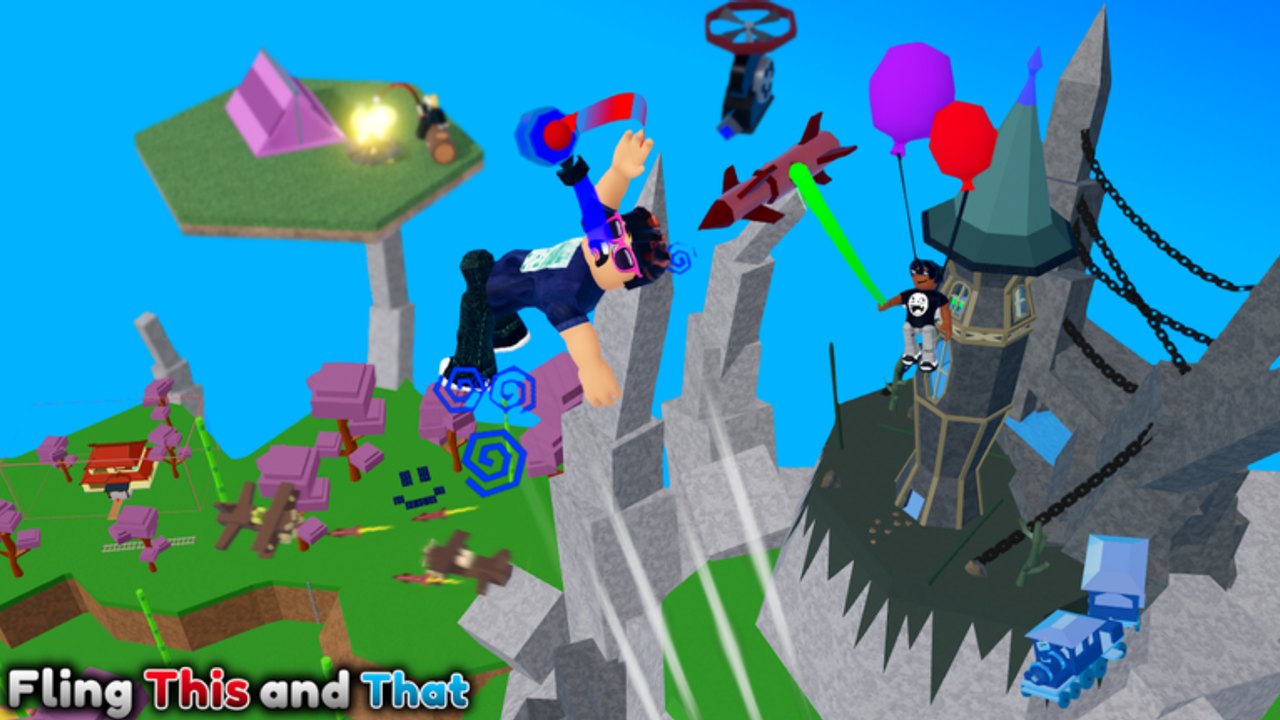 A Roblox avatar mid-air on a grab line above cliffs, tents, and a pirate tower in Fling This and That